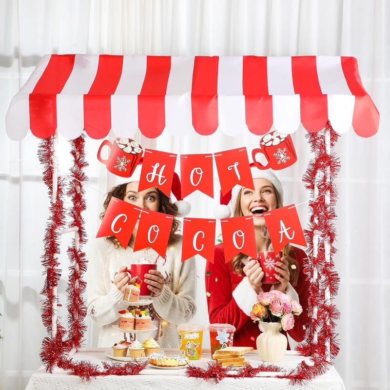 Chunm Hot Cocoa Stand Bar Kit Hot Chocolate Bar with 1 Set Cocoa Stand 1 Red White Striped Sunshade Cloth 4 Red Tinsel 2 Banner Sign for Winter Christmas Holiday Party Supplies - Image 5